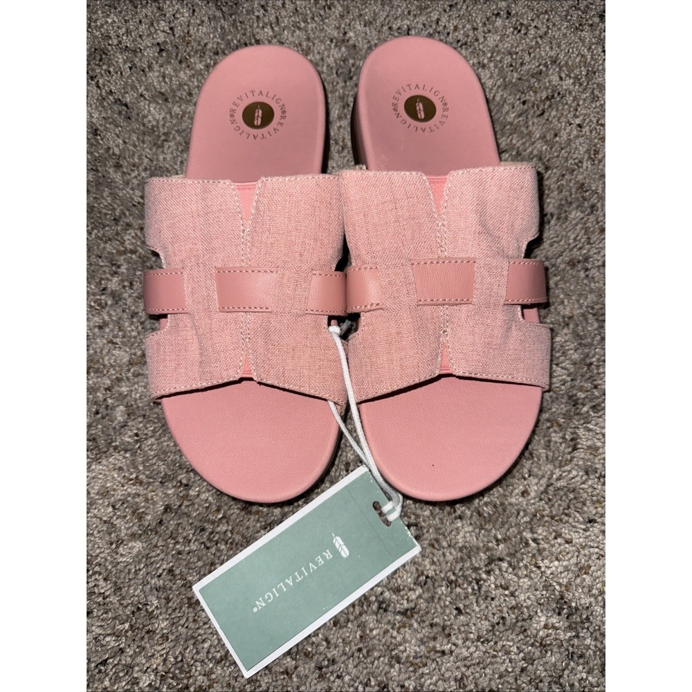 Revitalign Womens Orthotic Linen & Leather Slide‎ Sandals Lisbon
